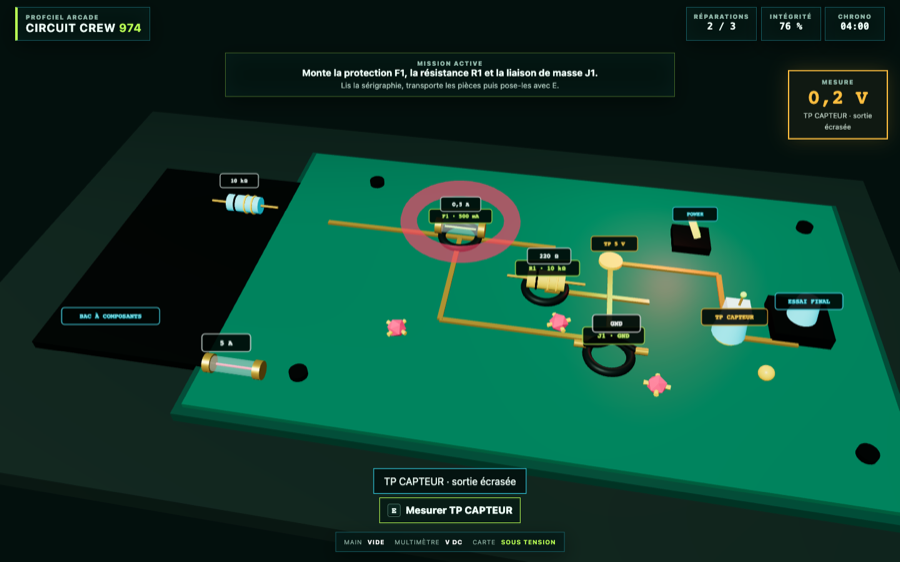Carte électronique 3D de Circuit Crew avec robot, composants et points de mesure.