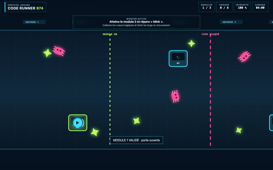 Usine logicielle 2D de Code Runner avec avatar, bugs, coeurs et terminaux de code.