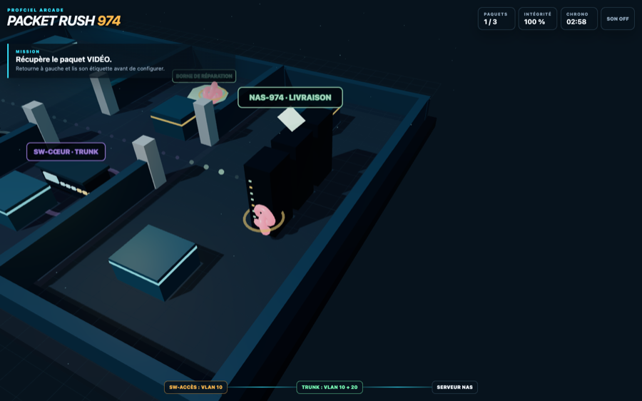 Arène 3D de Packet Rush avec avatar, paquets, switches et barrières VLAN.
